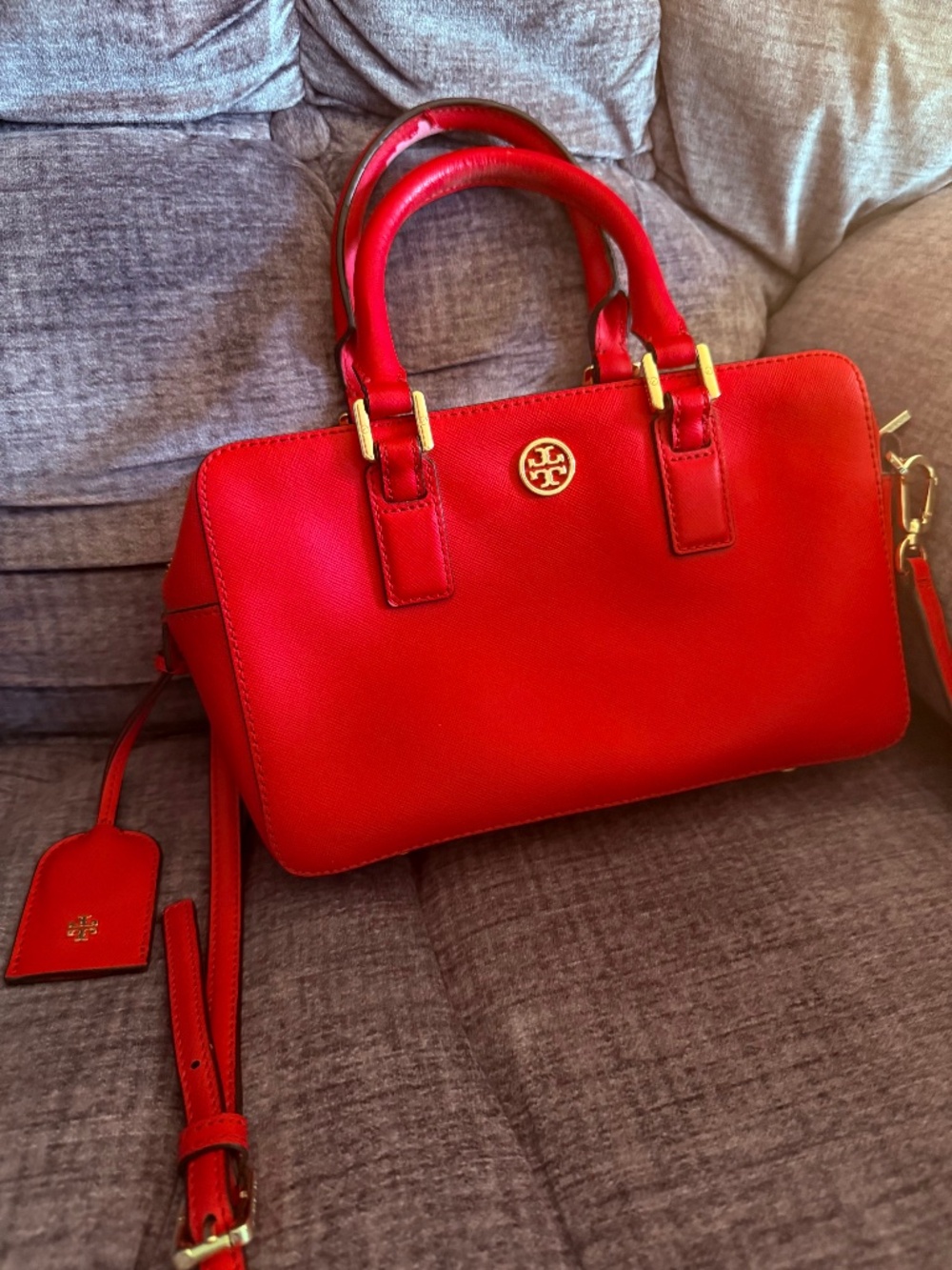 Tory Burch Robinson Saffiano Leather Crossbody Satchel Red Gold Hardware
